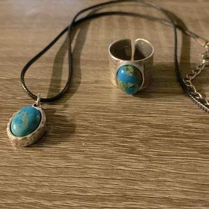 Turquoise and pyrite necklace and adjustable ring set
